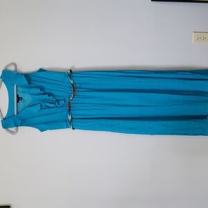 I.N San Francisco Dress sz PL Turquoise Gauzy Maxi Aztec Lace Ruffled Neckline